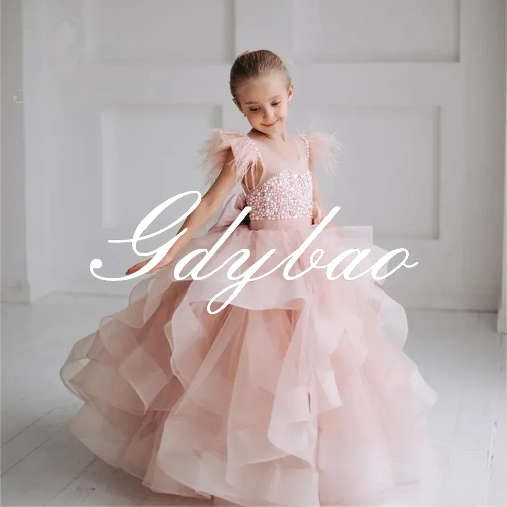 Feather Beading Luxury Pleat Long Ball Wedding Party Flower Girl Dress Floor Length Bow Sweep Train First Communion Gown New