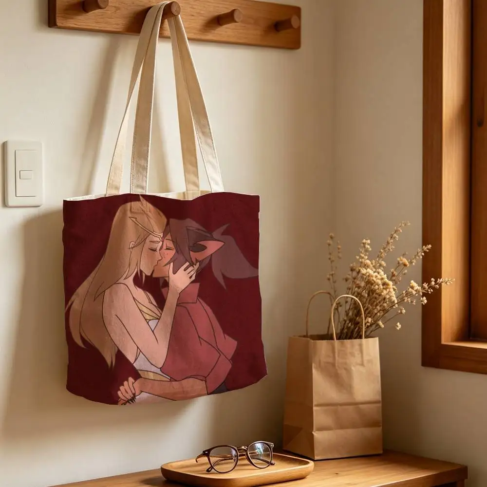 C-Catradora Shera Vintage Anime Printed Canvas Tote Bag with Zipper for Work School and Travel