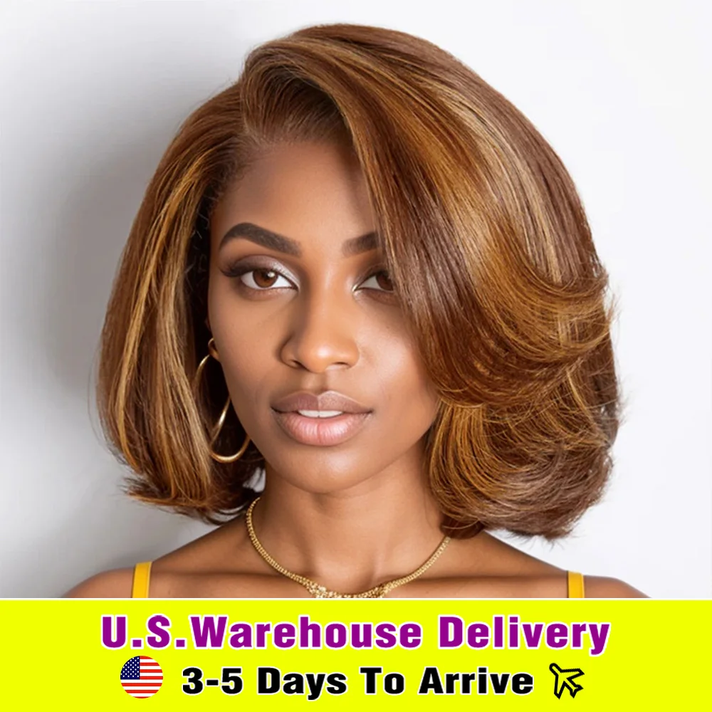 Layered Cut Short Bob Wigs Human Hair Pre Cut 5x5 Lace Closure Wig Glueless Wig Pre Plucked Side Parted Toffee Brown Mix Blonde