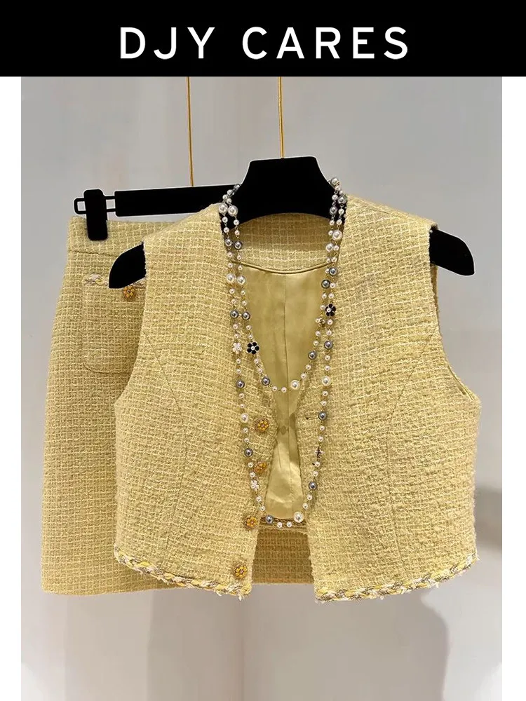 New Heavy Industry Advanced Set Texture V-neck Vest Half Skirt Two piece Set big size