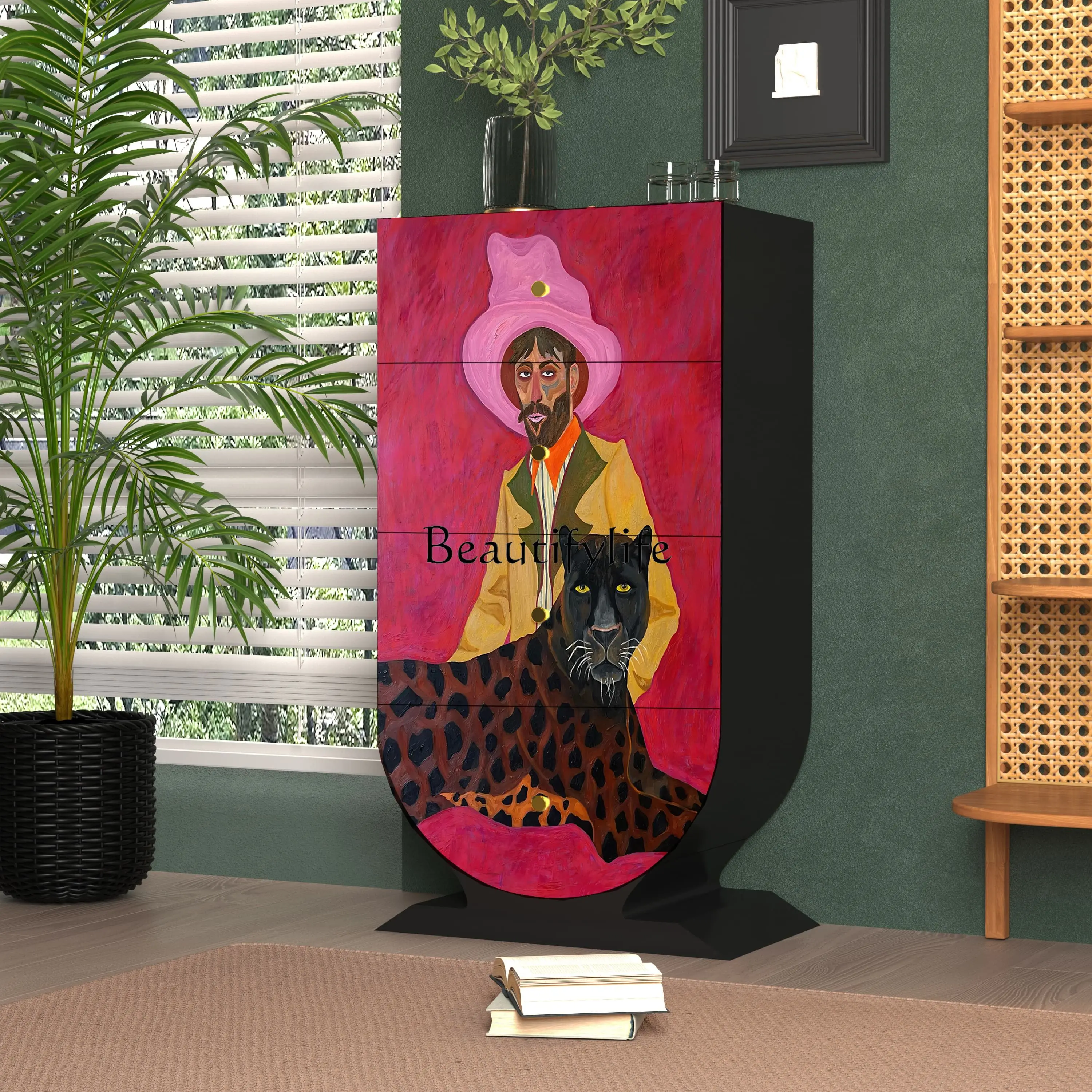 

01French retro painted solid wood four-chest cabinet, living room, homestay wall storage cabinet