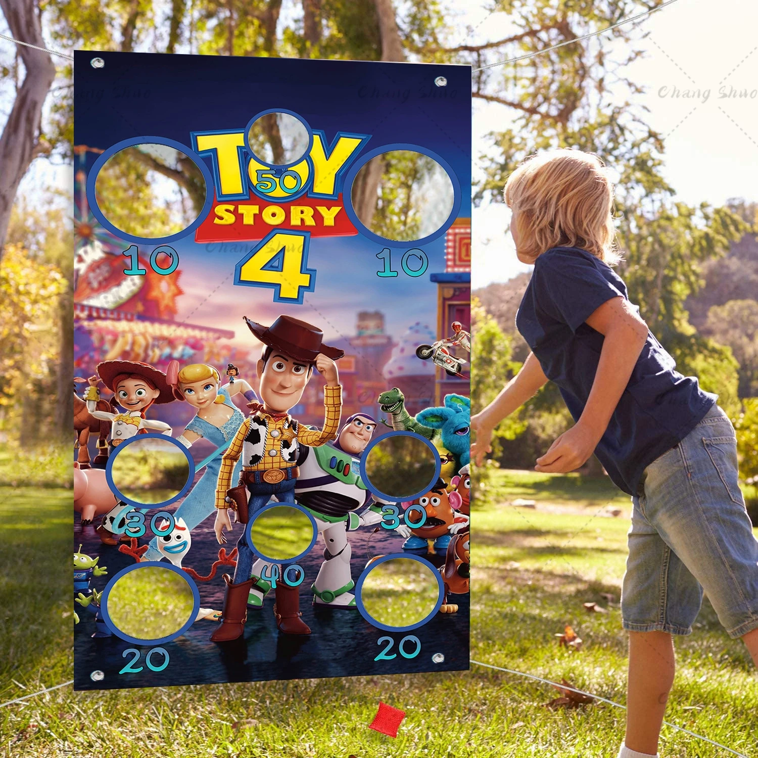 Toy Story Toss Games Banner con 1 sacchetto di fagioli Ragazzi Ragazze Festa di compleanno Sfondo fotografico per divertimento Gioco da cortile all'aperto