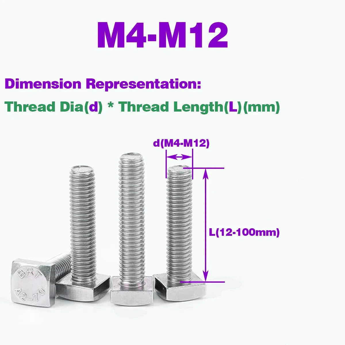

304 Stainless Steel Square Head Bolt, Square Screw, Steel Structure Screw M4-M12