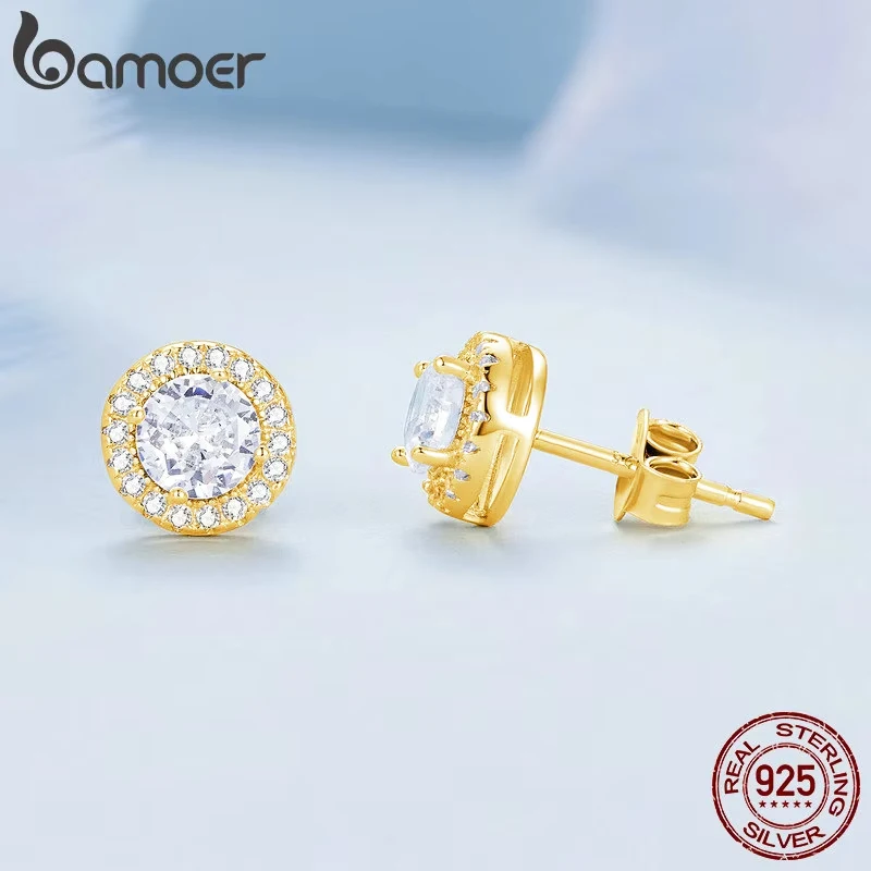 BAMOER Gold Plated Classic Halo Stud Earrings, 925 Sterling Silver Hypoallergenic Elegant Earrings Engagement Wedding Jewelry