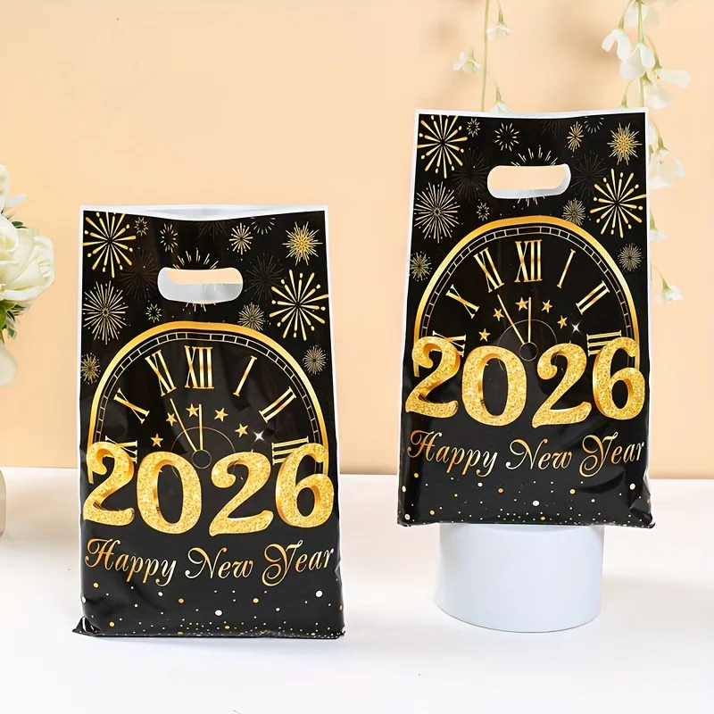 10/25/50 قطعة 2026 حقيبة حمل بلاستيكية للحفلات للعام الجديد مع شارات أرقام 2026 لامعة وأرقام رومانية وتصميم ساعة الألعاب النارية