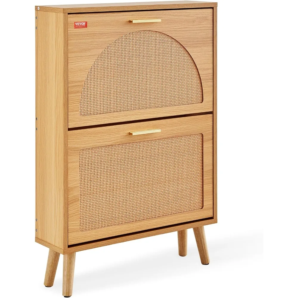 

Shoe Cabinet with 2 Flip Drawers, Shoe Storage Cabinet for Entryway, Free Standing Shoe Storage Organizer with Rattan Doors for