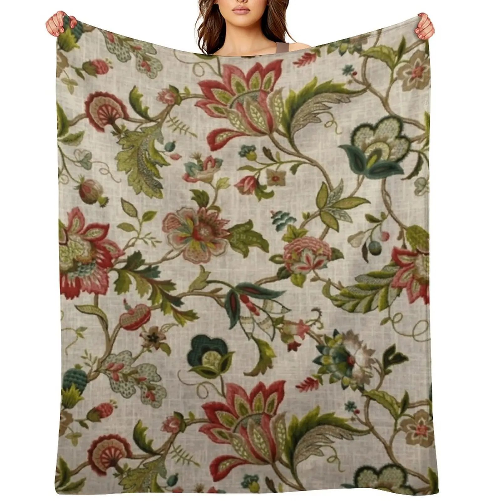 

Red Green Jacobean Floral Embroidery Pattern Throw Blanket Cute Plaid Blankets Sofas Of Decoration Loose Furry Blankets