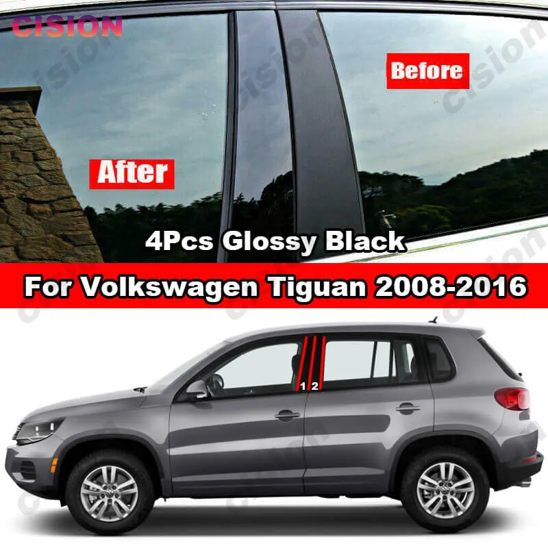 4x garniture de couverture de poteau de piliers B de colonne centrale de porte de fenêtre de voiture pour Volkswagen Tiguan 2008-2016 autocollant PC effet miroir noir brillant