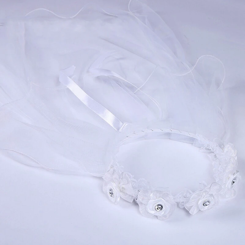 Children Little Princess Hairband Double Layers Tulle Bridal Veils Flowers Garland Ruffles Floral Lace Wedding Party Wreath NEW image 4