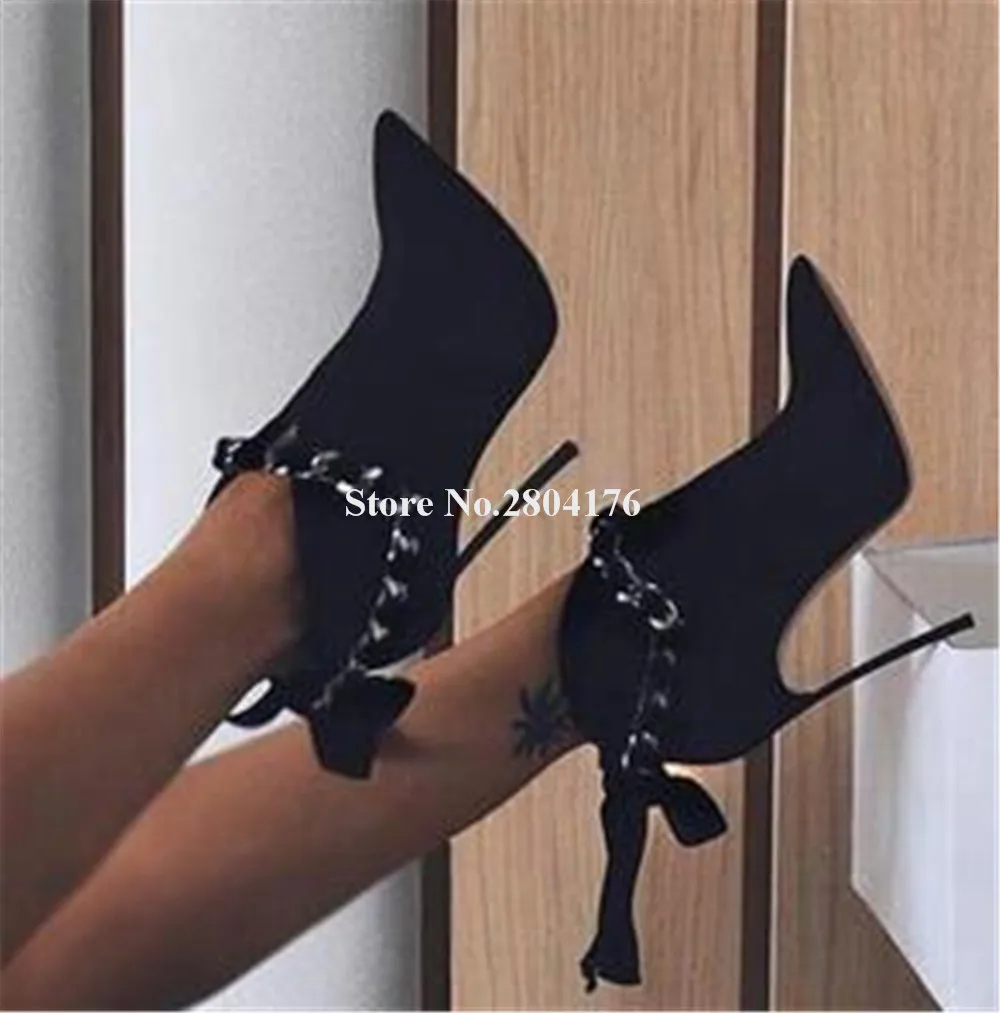 

Newest Metal Heel Chains Short Boots Women Sexy Pointed Toe Wine Red Black Beige Suede Back Bowtie Stiletto Heel Ankle Booties