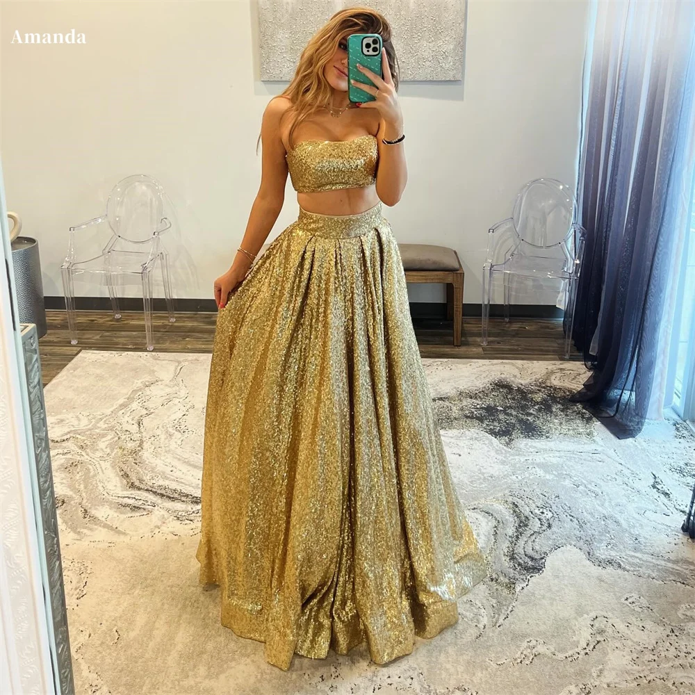 

Amanda Gold Glitter vestidos de noche Separated A-line Prom Dresses Elegant Sleeveless Floor-Length Shiny Sequins Formal Evening