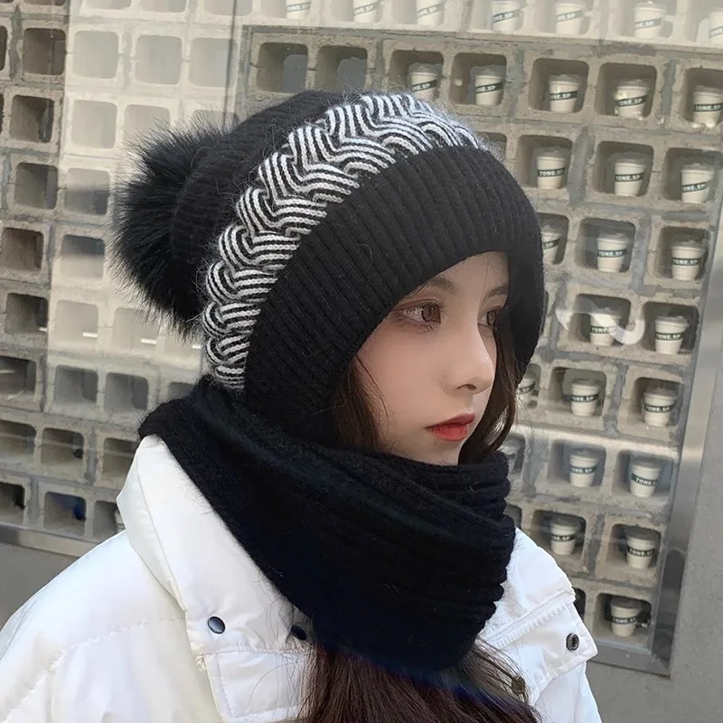 Winter knitted warm scarf hat padded and thickened ear protection one-piece hat windproof cold anti-freezing outdoor clothing