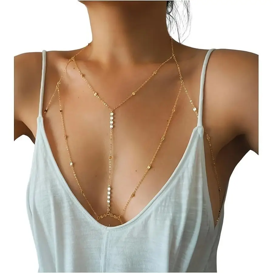 1/5/10/20/50/100pcs Elegant Style, Elegant Golden Sequin Coin T-Strap Body Chain - Boho Chic Layered Bikini Bra Accessory for Wo