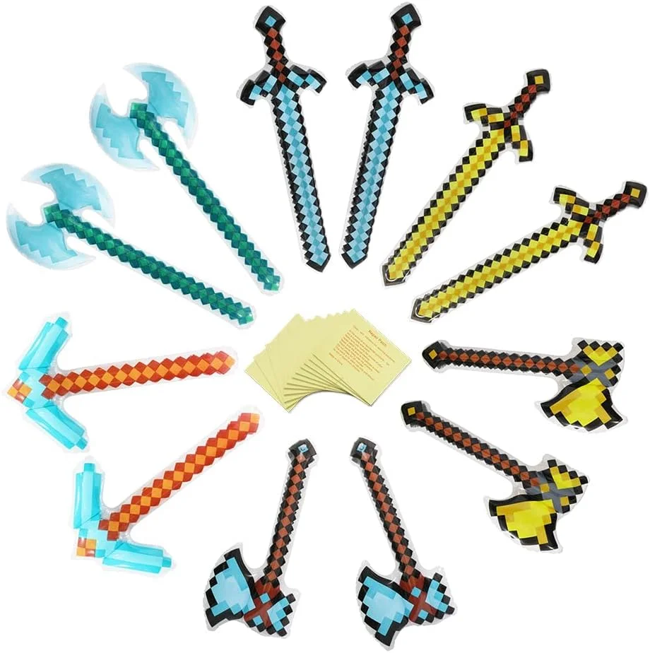 Paquete de 12 espadas inflables a cuadros, espadas/axis/objetos inflables, con parches de reparación, adecuadas para carnaval, Halloween, Navidad, cumpleaños, juegos de rol, suministros para fiestas en la piscina