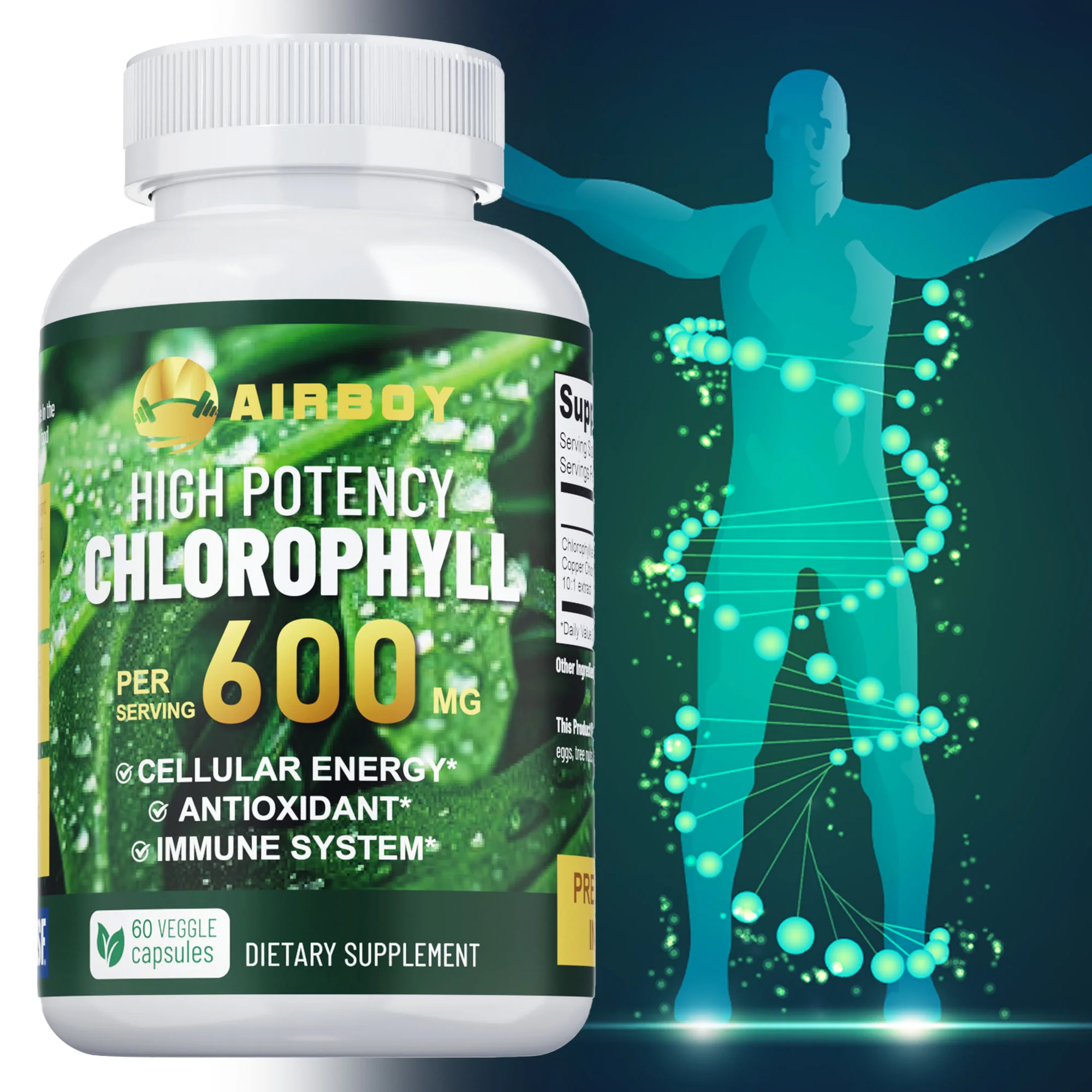 

Chlorophyll 600mg - Relieves Eye Fatigue, Enhances Energy, Promotes Internal Cleanliness - 60 Capsules