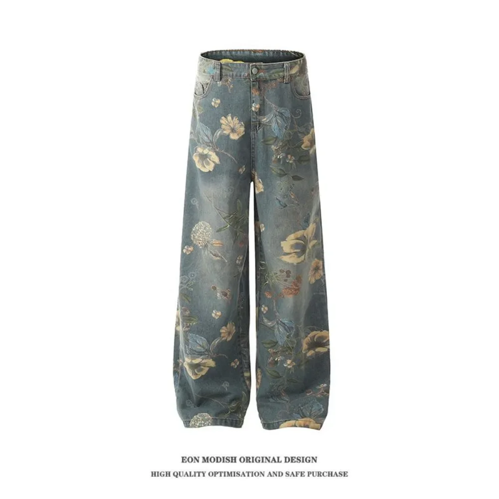 

EON MODISH Women's Wear 2024 Spring and Autumn New Product Real Shot American Retro Spicy Girl Washed and Used Flower Denim Pant