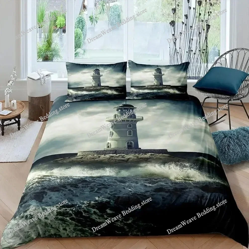 

Lighthouse Duvet Cover Set Nautical Surfing Ocean Wave Bedding Set Queen Polyester Coastal Nature Theme Quilt Cover for Boy
