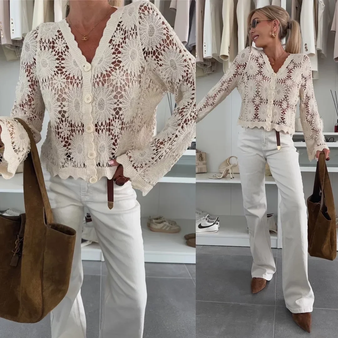 Women's Solid Color Hollow Out Knit Cardigan V neck Slim Fit Versatile Office Commute Air Conditioning Sun Protection Outerwear