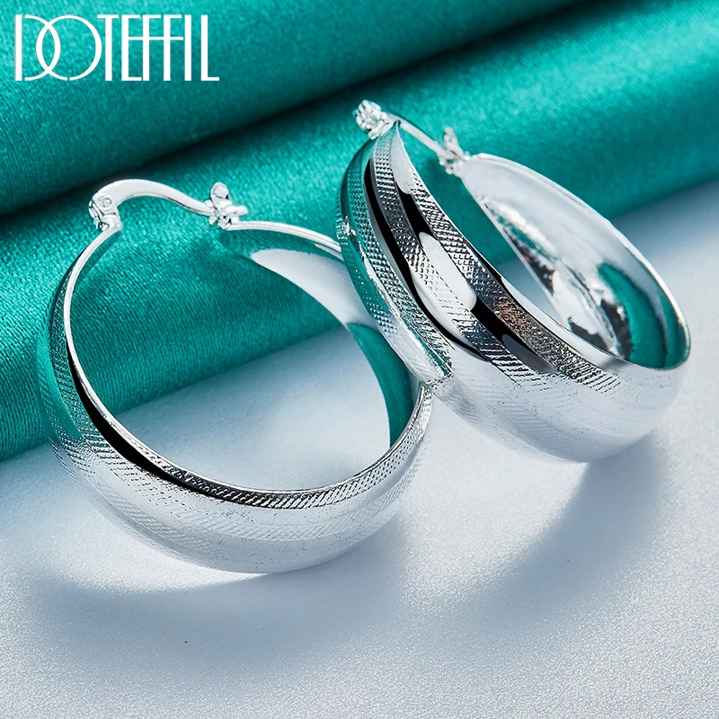 DOTEFFIL 925 Sterling Silver Matte Parallel Smooth Hoop Earring For Woman Wedding Engagement Party Fashion Charm Jewelry