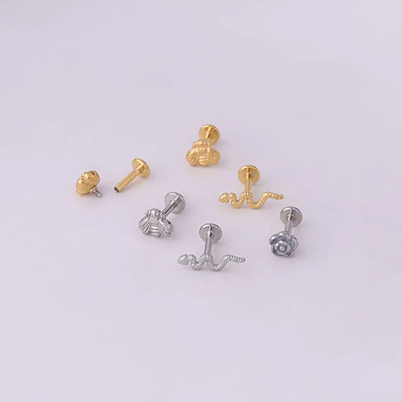 16Gx6mm Stainless Steel Flower Snake Stud Earrings Internal Thread Labret Lip Stud Flat Back Cartilage Earrings Piercing Jewelry