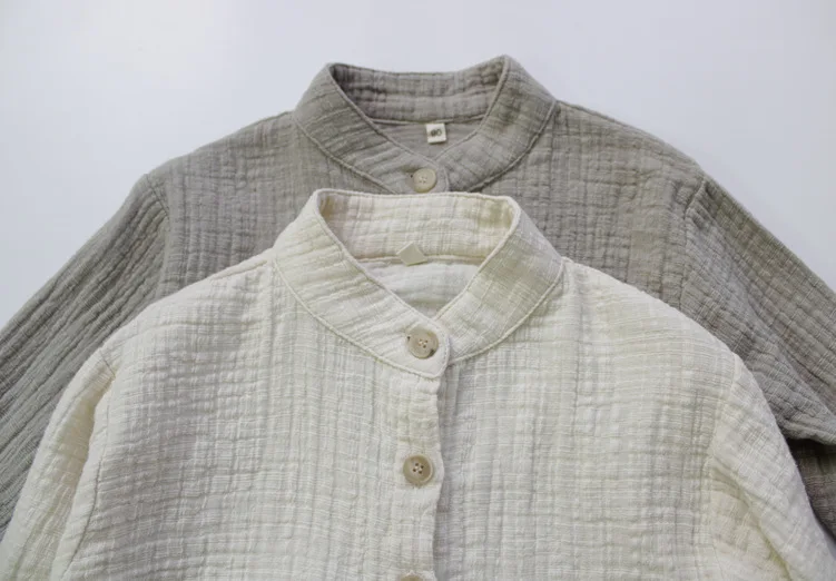 New 2026 Autumn Baby Boys Cotton Linen Shirts Pure Color Korean Style Stand-up Collar Toddlers Kids Long Sleeve Shirts Tops