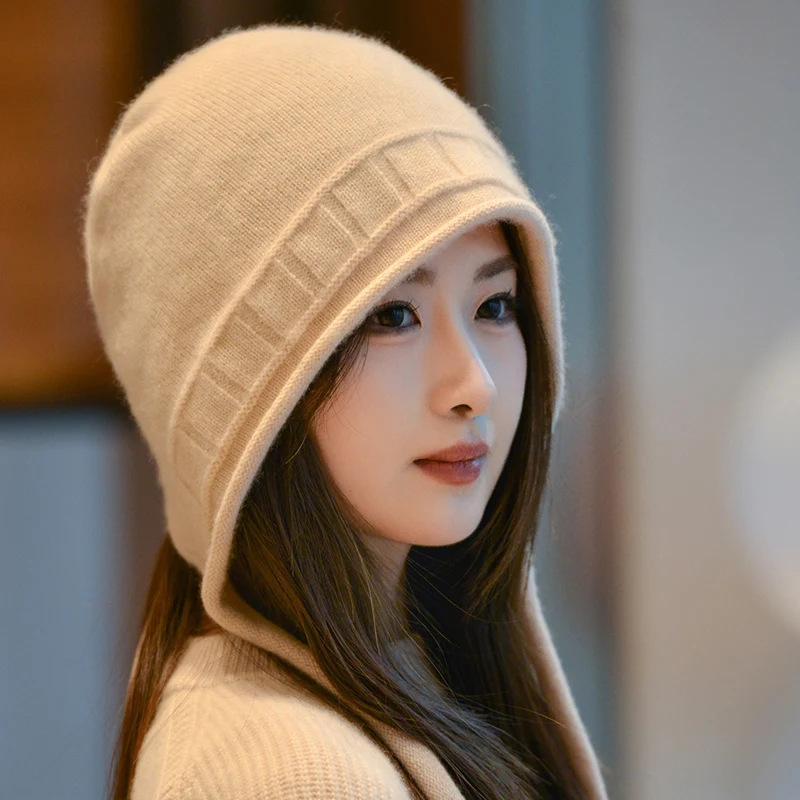 Women's 100% cashmere hat casual knit hat solid color pullover hat thick brim cap warm cold hat ear protection hat