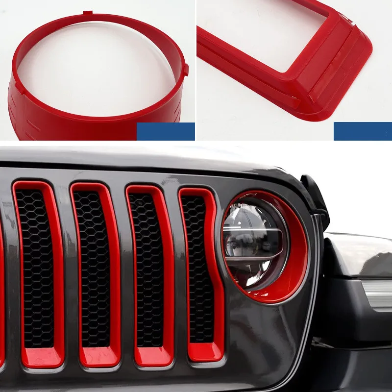 Dla 2018-2022 Jeep Wrangler JL kratka z siatki Grill wkładka + reflektor włącz pokrywa na światła wykończenia JL JLU dla Jeep Gladiator JT (czerwony)