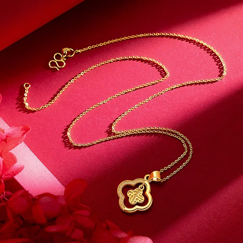 

9999 Real Gold 24K Antique Four-leaf Clover Fu Brand Necklace, Gold Four-leaf Clover Fu Character Fu Brand Collarbone Chain