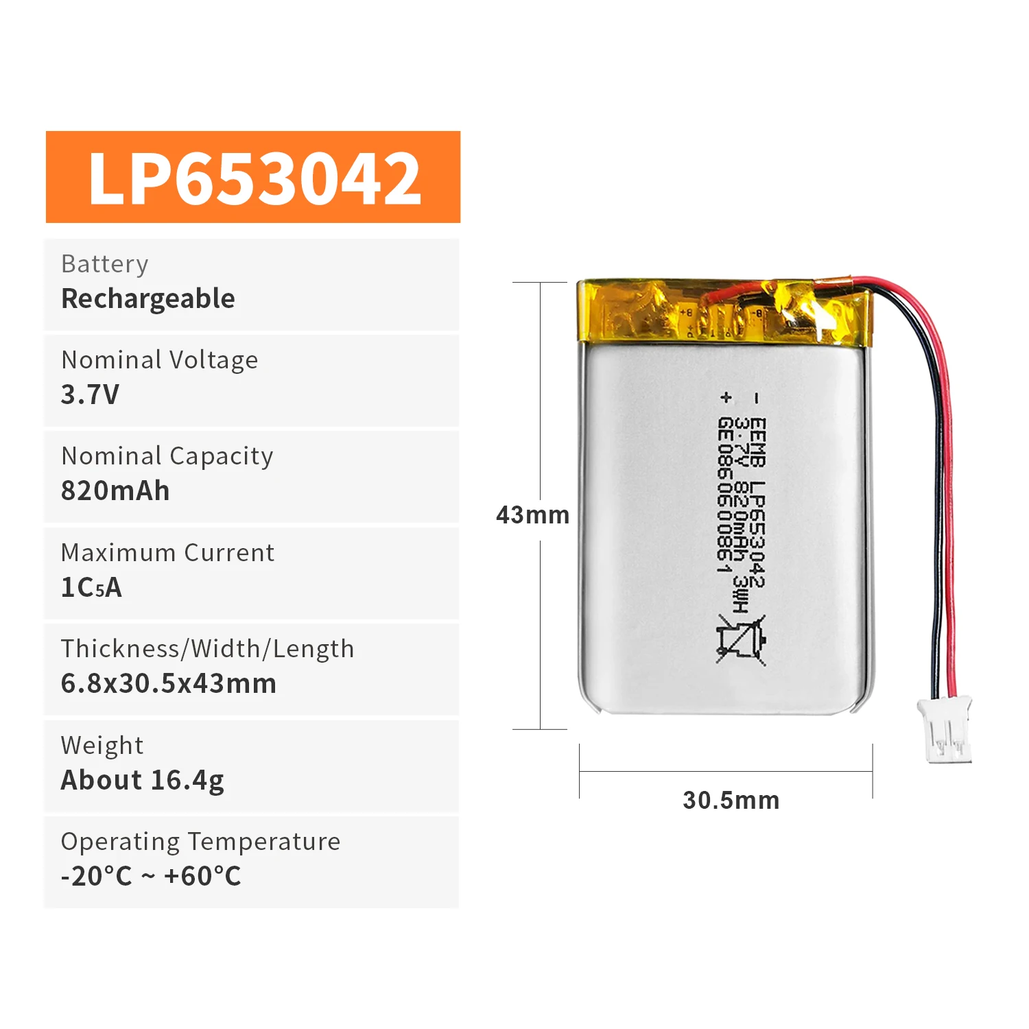 1 ~ 10 szt. Bateria litowo-polimerowa EEMB 3,7 V 653042   akumulator litowo-jonowy polimerowy 820mAh