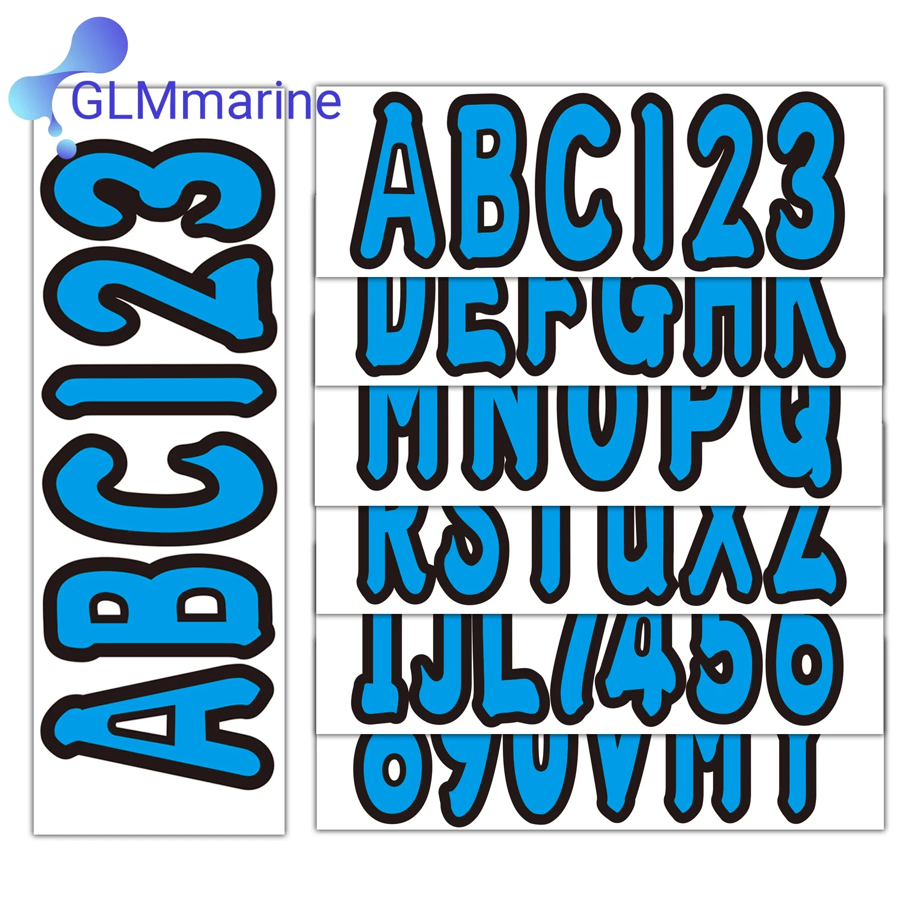 สติกเกอร์สีน้ำเงินสำหรับจดหมายเรือและหมายเลขการลงทะเบียนสี่ชุด A-Z สี่ชุด0-9