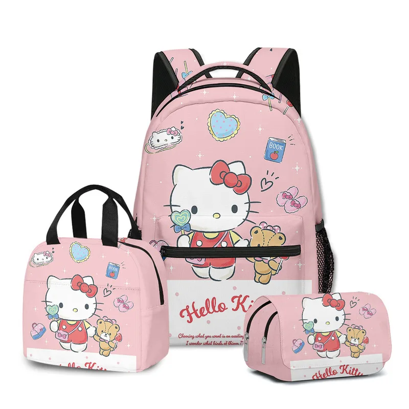 New Sanrio Hellokitty Cartoon Printing Backpack Lunch Bag Pen Bag 3-Piece Set High-Quality Animation Peripheral Series Schoolbag