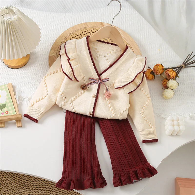 Spring Children Kids Girls Clothing Sets Long Sleeve Knitted Sweater Cardigan Flared Pants 2 Pcs Toddler Clothing Costumes