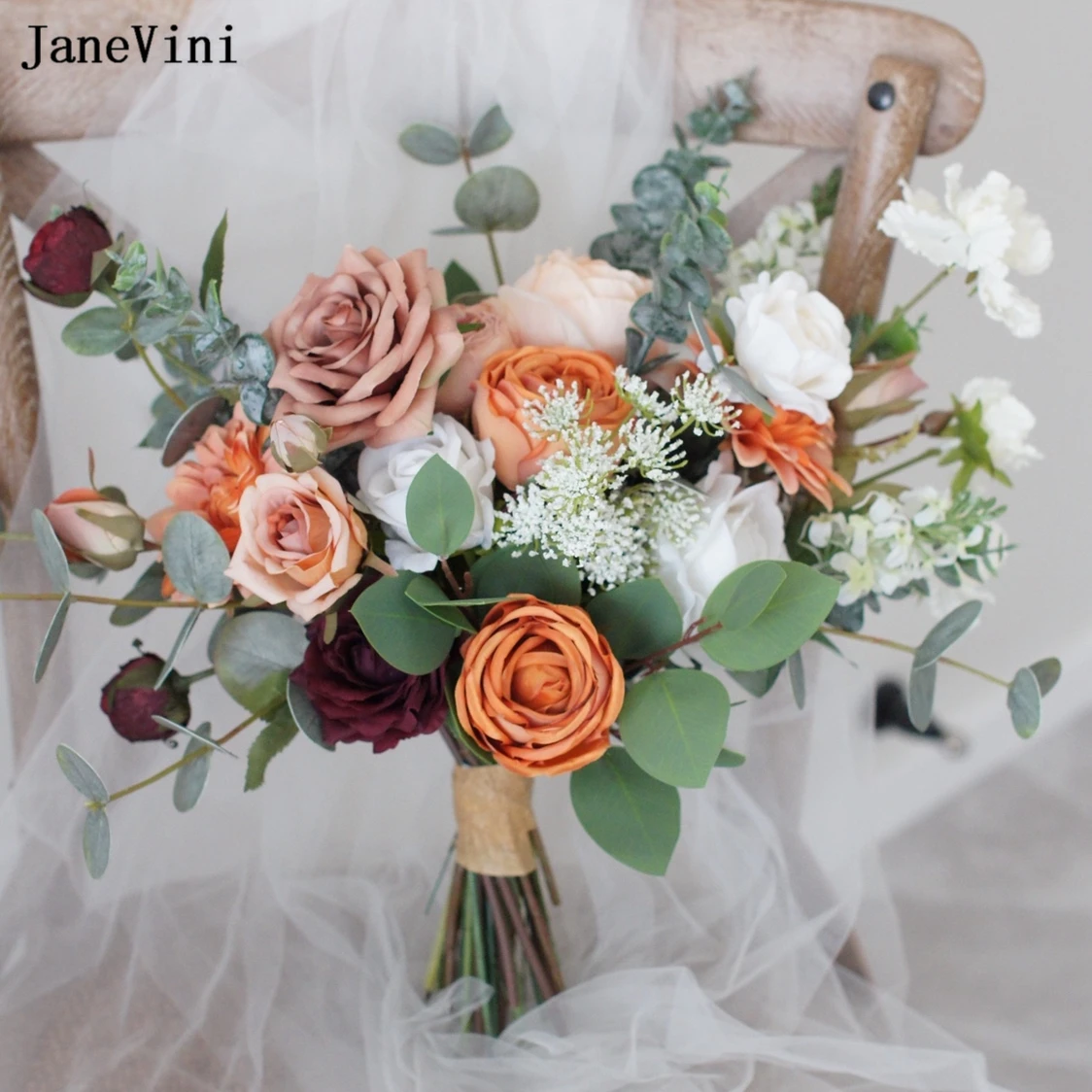 JaneVini-ramos de flores naranjas Vintage para novia europea, rosas artificiales de seda de eucalipto, accesorios de ramo falso para boda, 2023