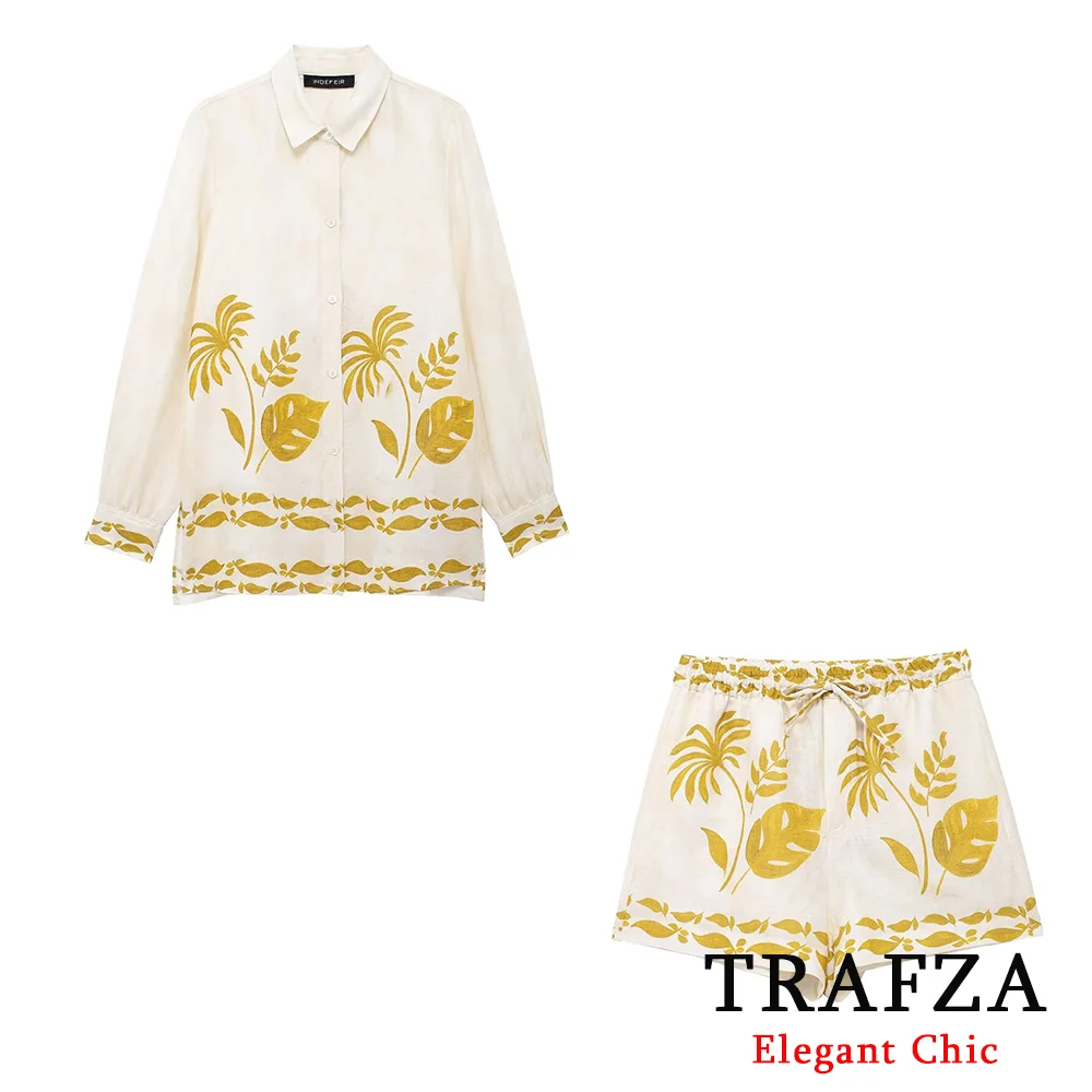 TRAFZA Casual Yellow Print Shirt+Elastic Waist Shorts Set Women\'s Shirt+Shorts Set New 2024 Summer Beach Outfits Shorts Set OOTD