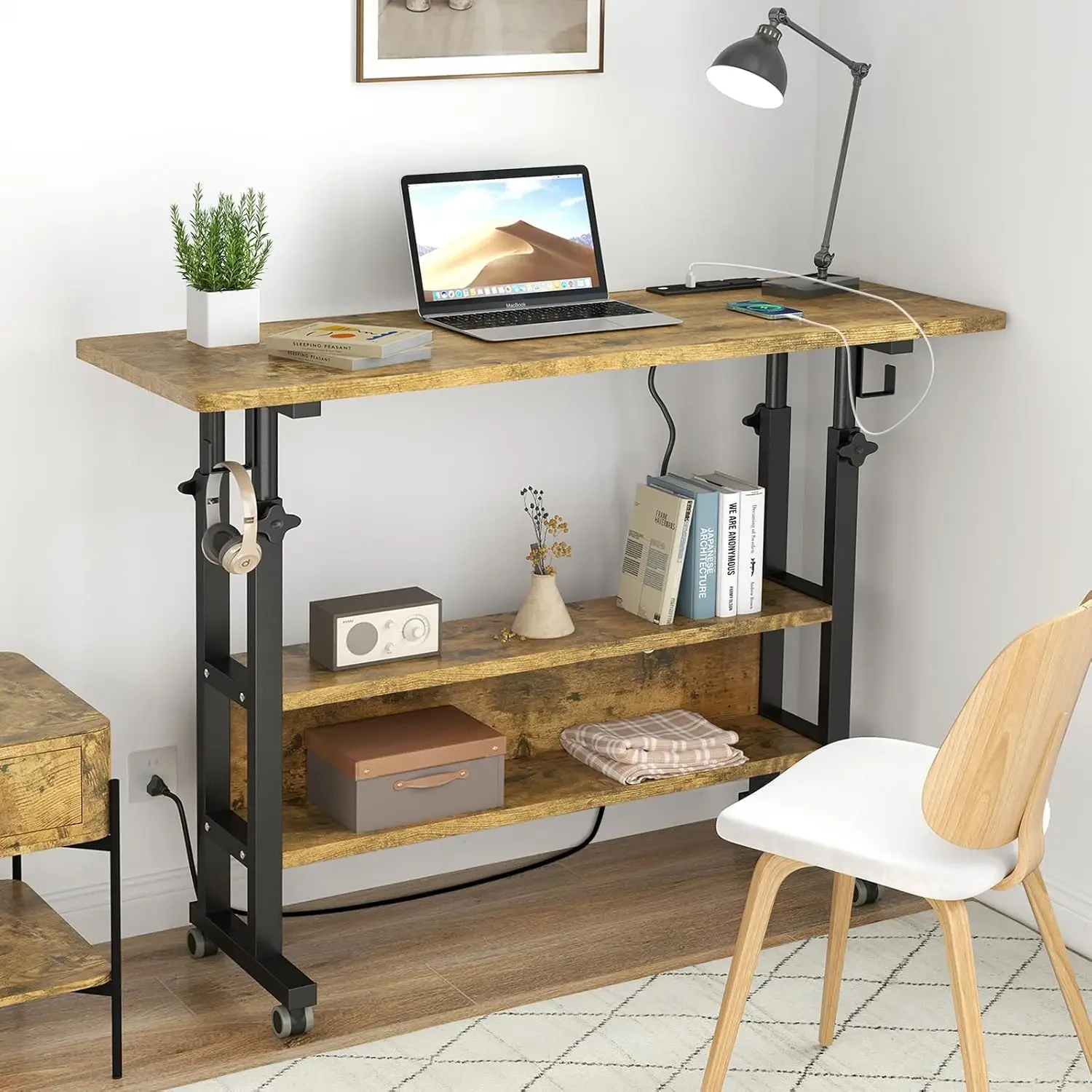 

Small Standing Desk with Charging Station, Rolling Desk Adjustable Height, Mobile Laptop with Wheels, Portable Stand Up for