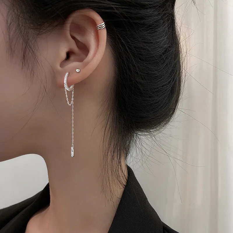 925 Silver Needle Crystal Tassel Chain Stud Earrings For Women Wedding Jewelry Female Pendientes eh1047