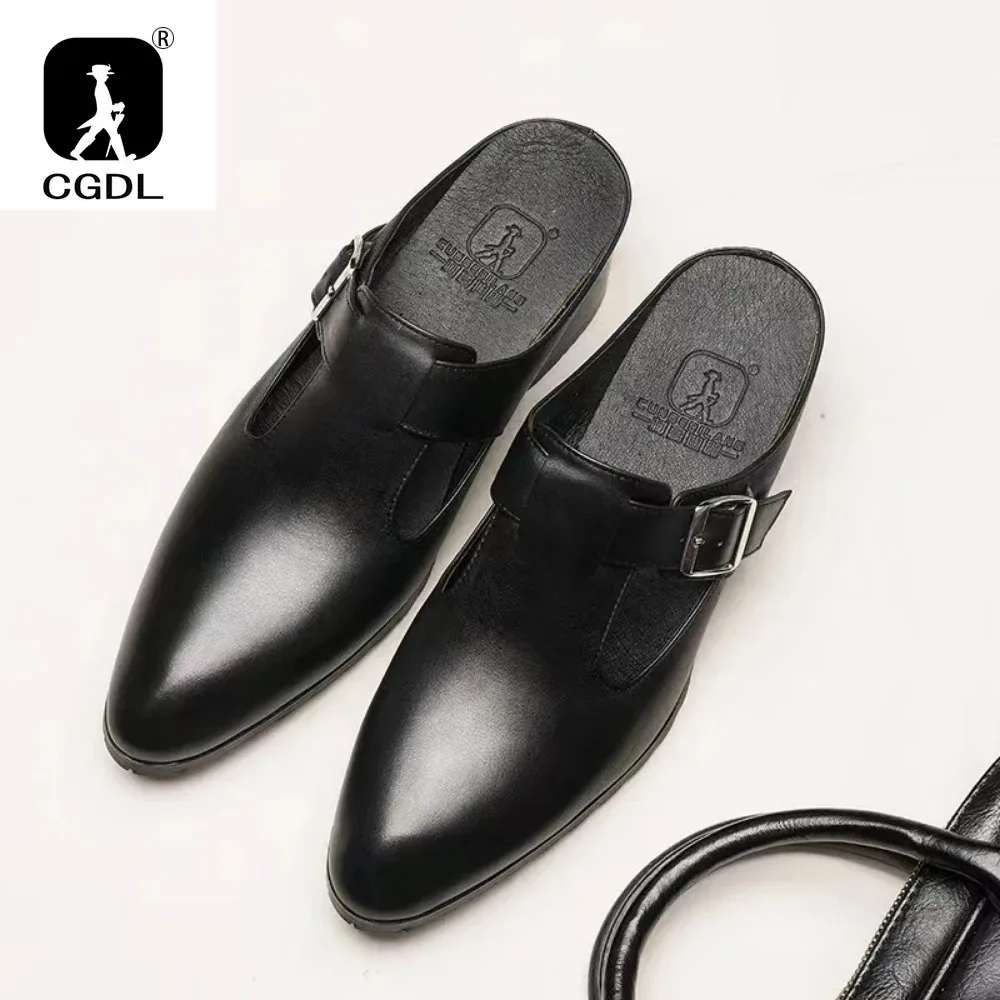 Italian Men\'s Genuine Leather Slippers Handmade 2024 Summer Man Office Shoes 5 Cm Heels Comfortable Buckle Sandals with Height