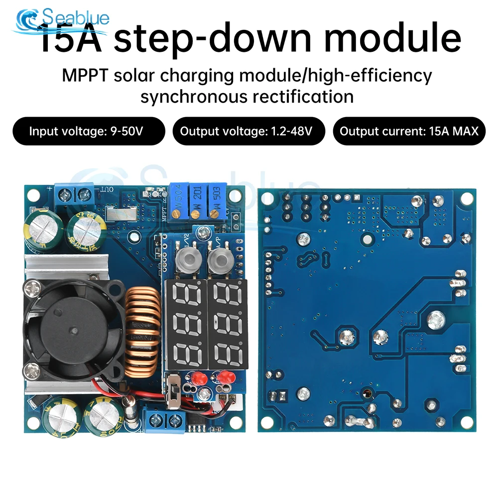 15A MPPT Zonnepaneel Buck Controller DC-DC 9-50V naar 1,2-48V Step-down laadmodule CC/CV Synchrone rectificatie