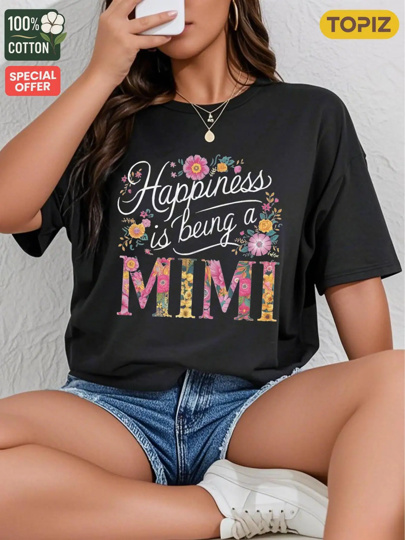 [plus Size] Womens Graphic T-Shirt, Short Sleeve Crew Neck Top, Group Orders, 100% Cotton, Happiness Is Being A Mimi