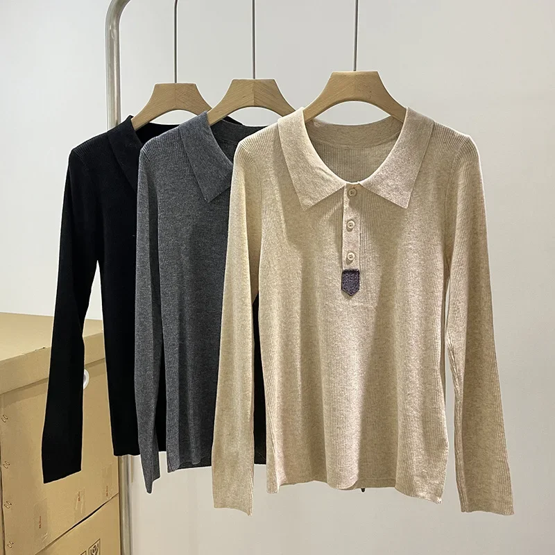 Women's Sweater 2023 New Autumn 100% Wool Beading Chain Stretch Slim Casual Long Sleeve Pullover