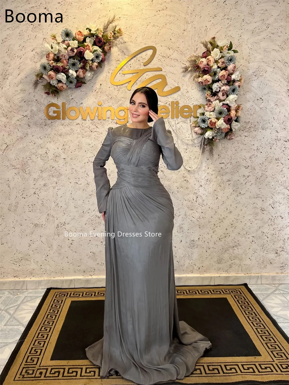 Booma لامعة حورية البحر س الرقبة طويلة الأكمام فساتين حزب أثواب رسمية للنساء مطوي فستان حفلات أنيق تخصيص