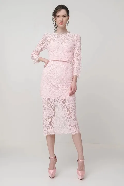 White Lace Dress Women Elegant Diamonds O-neck Streetwear Chic Clothing Lady Runway Design Vintage Elegant Vestidos Bodycon