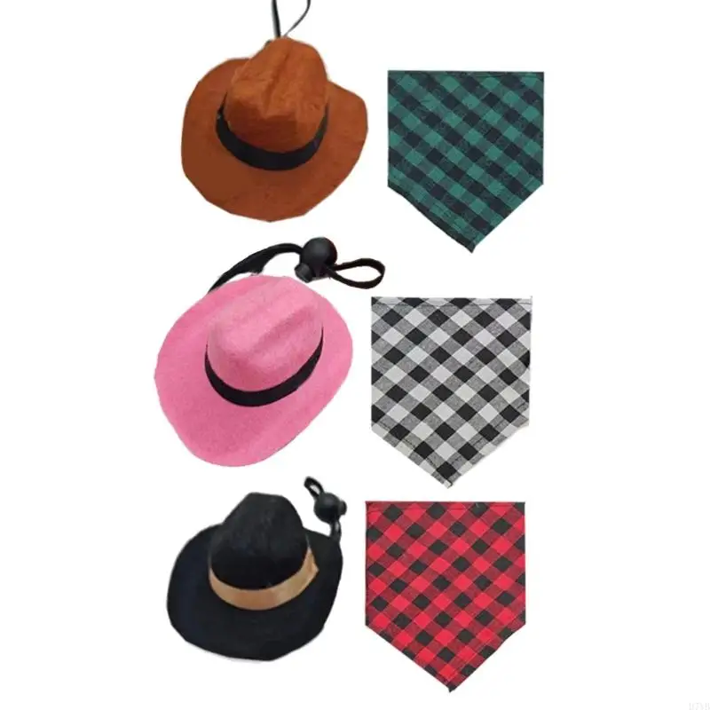 D7YB Cowboy Hat for Hamster Bandana Triangular Scarf Kerchief Pet Neckerchief Plaids