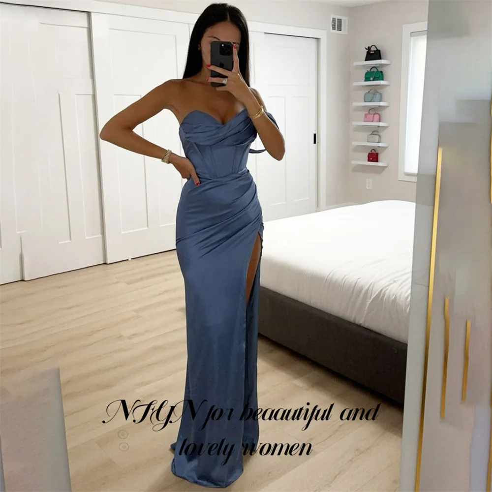 

NFYN Dusty Blue Mermaid Wedding Party Dress Sweetheart Mermaid Ball Gown Stain Strapless Women's Evening Dress Customized