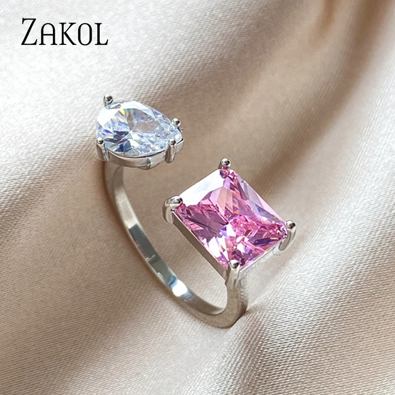 Women's Pink Square Water Drop Open Ring with Cubic Zirconia