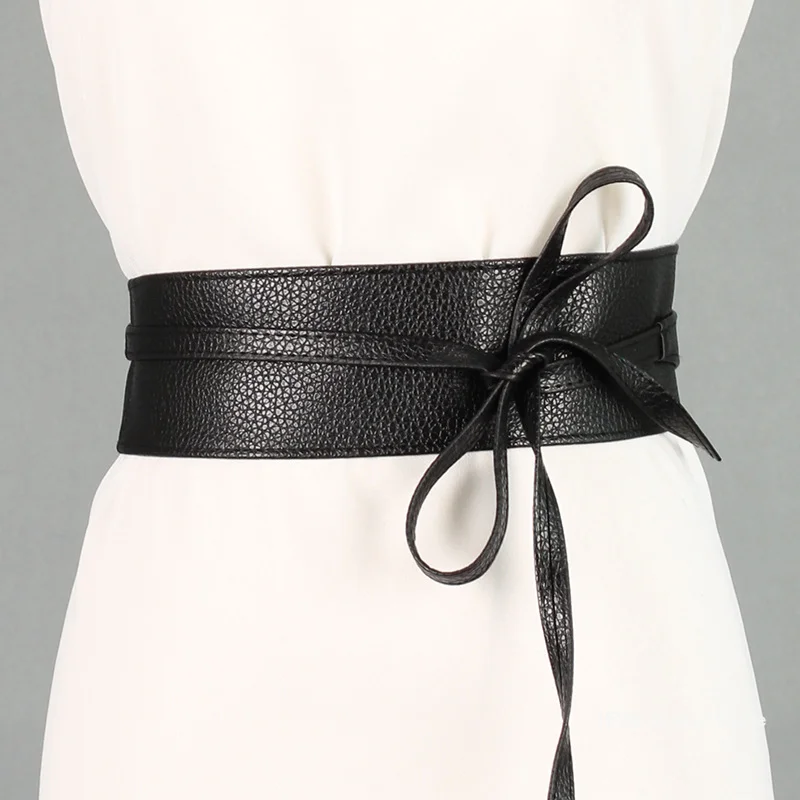 New Designer Spring Autumn Women Belt for Dress Fashion Metallic Color Soft Faux Leather Wide Belt Self Tie Wrap Waist Dress