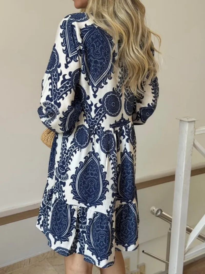 Abito estivo con stampa scollo a V profondo Moda donna Boho Abiti stile nazionale Abito estivo da spiaggia allentato casual