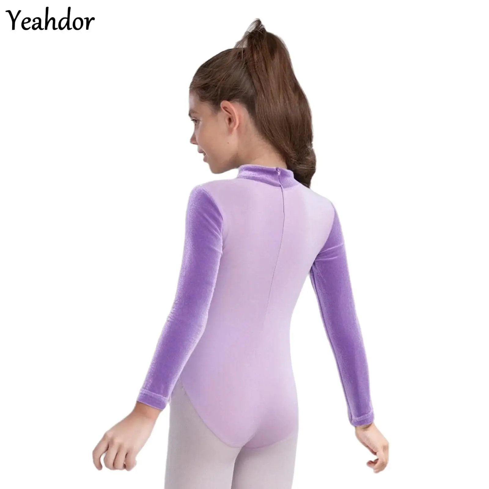 

Kids Girls Ballet Dance Leotard Long Sleeves Velvet Mesh Patchwork Cotton Warm Gymnastics Dance Bodysuit Workout Training Wear