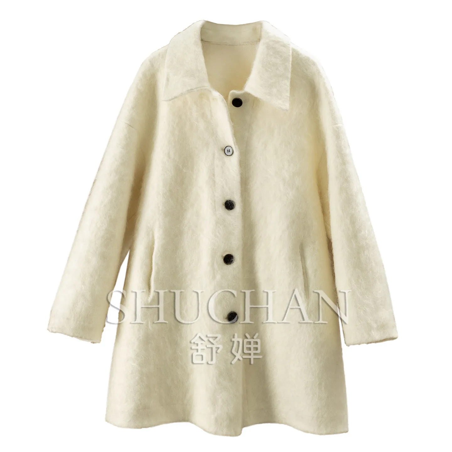 Fleece Feeling Cast Wind Coat Thickened Brushed Wool Silk Cashmere Medium and Long Coat Women's F603