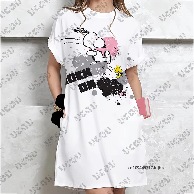 MINISO Nowa Urocza Sukienka Damska z Nadrukiem Snoopy, Letnia, Seksowna, Krótki Rękaw, Sukienka-T-shirt, Imprezowa, Codzienna, Modna, Luźna Sukienka Damska